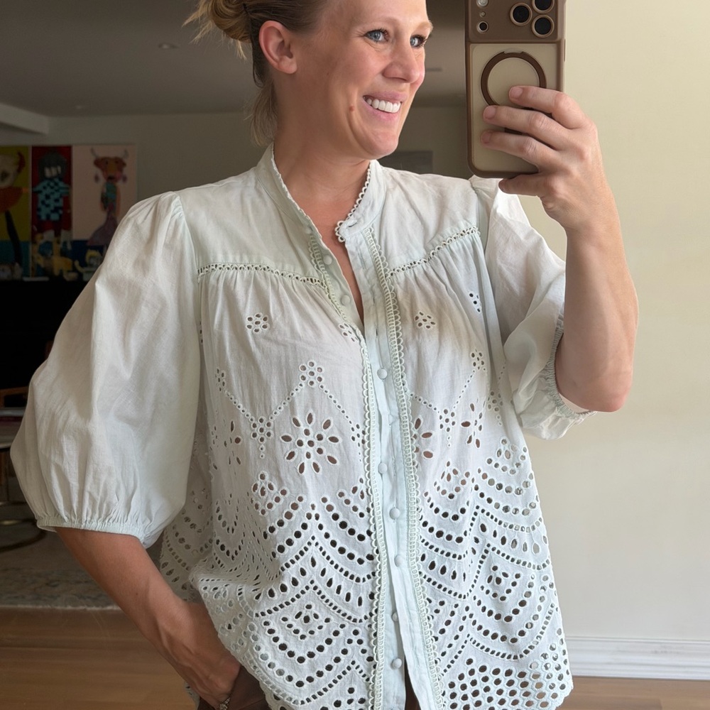 We are Kindred Size 8 Celadon Green Blue Mint Women's Eyelet Blouse Shirt Top